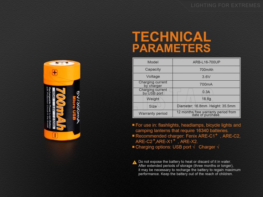 Batería USB recargable Fenix RCR123A/16340 (Li-ion)