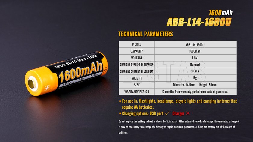 Pila recargable USB AA Fenix ARB-L14-1600U
