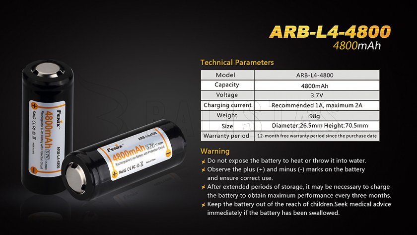 Batería recargable Fenix 26650 4800 mAh (Li-Ion)