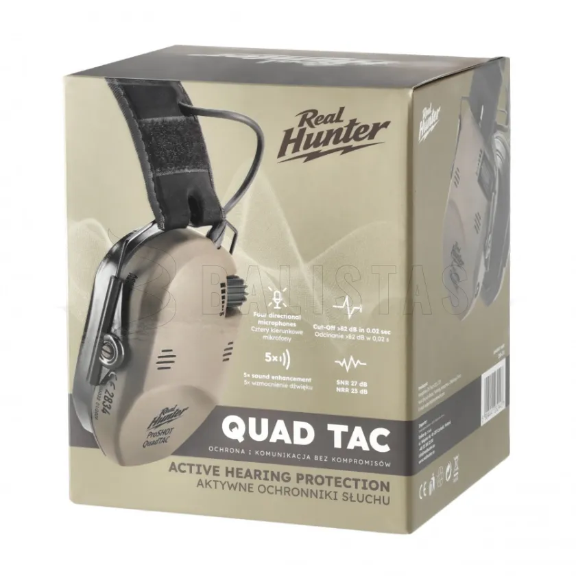 Protectores auditivos activos de tiro RealHunter Active ProSHOT QuadTAC FDE 9
